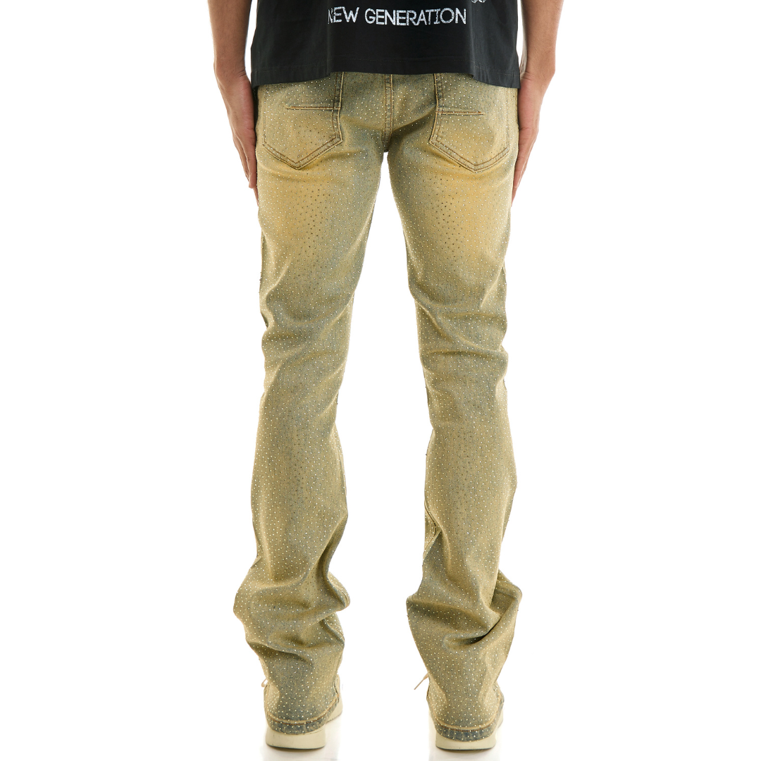 KDNK Skinny Flare Rhinestone Denim Jeans (Blue)(4806)
