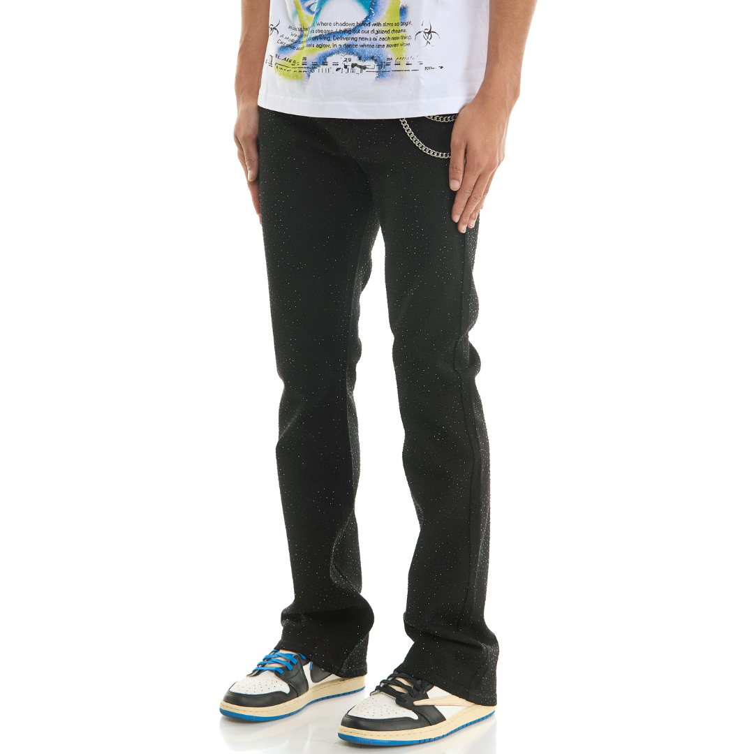 KDNK Skinny Flare Rhinestone Denim Jeans (Black)(3437)