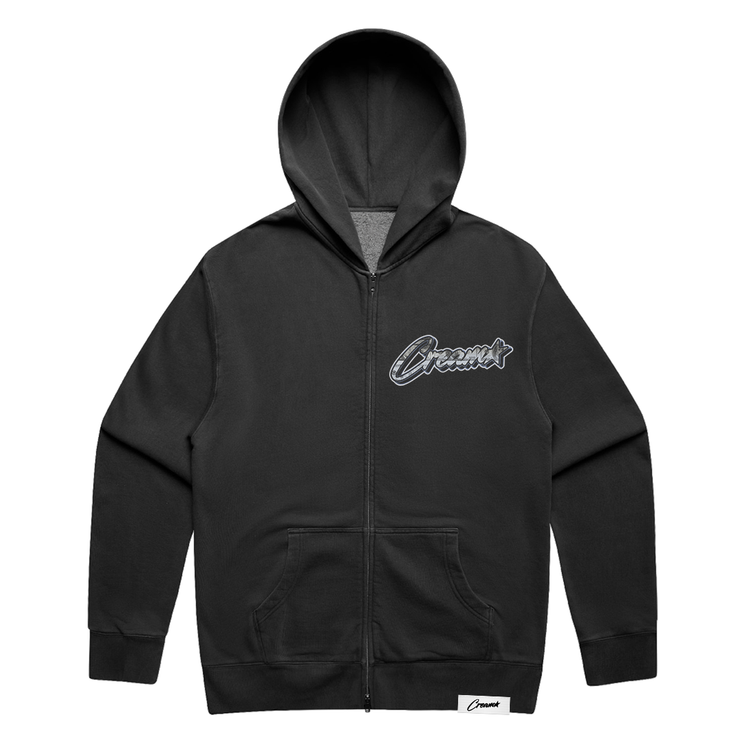 Cream Money Print Zip Up Hoodie (Washed Black)