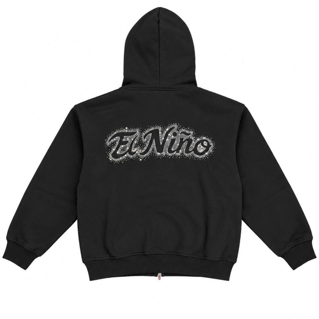 Cream Ricardo Sandoval Rhinestone Zip Up Hoodie (Black)