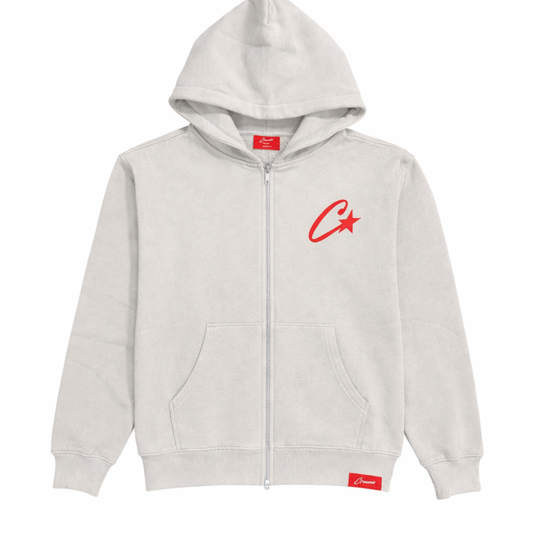 Cream Overlapping Logo Zip Up Hoodie (Grey)
