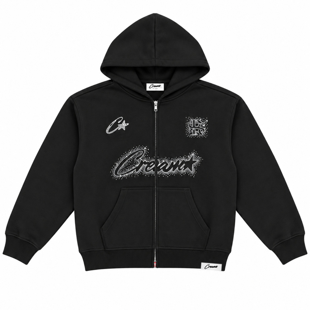 Cream Ricardo Sandoval Rhinestone Zip Up Hoodie (Black)