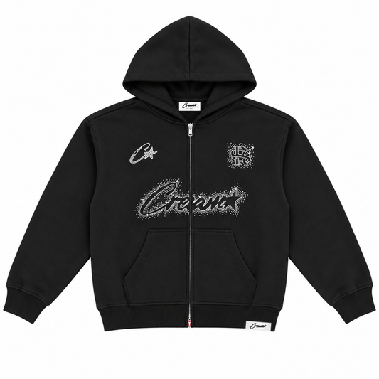 Cream Ricardo Sandoval Rhinestone Zip Up Hoodie (Black)