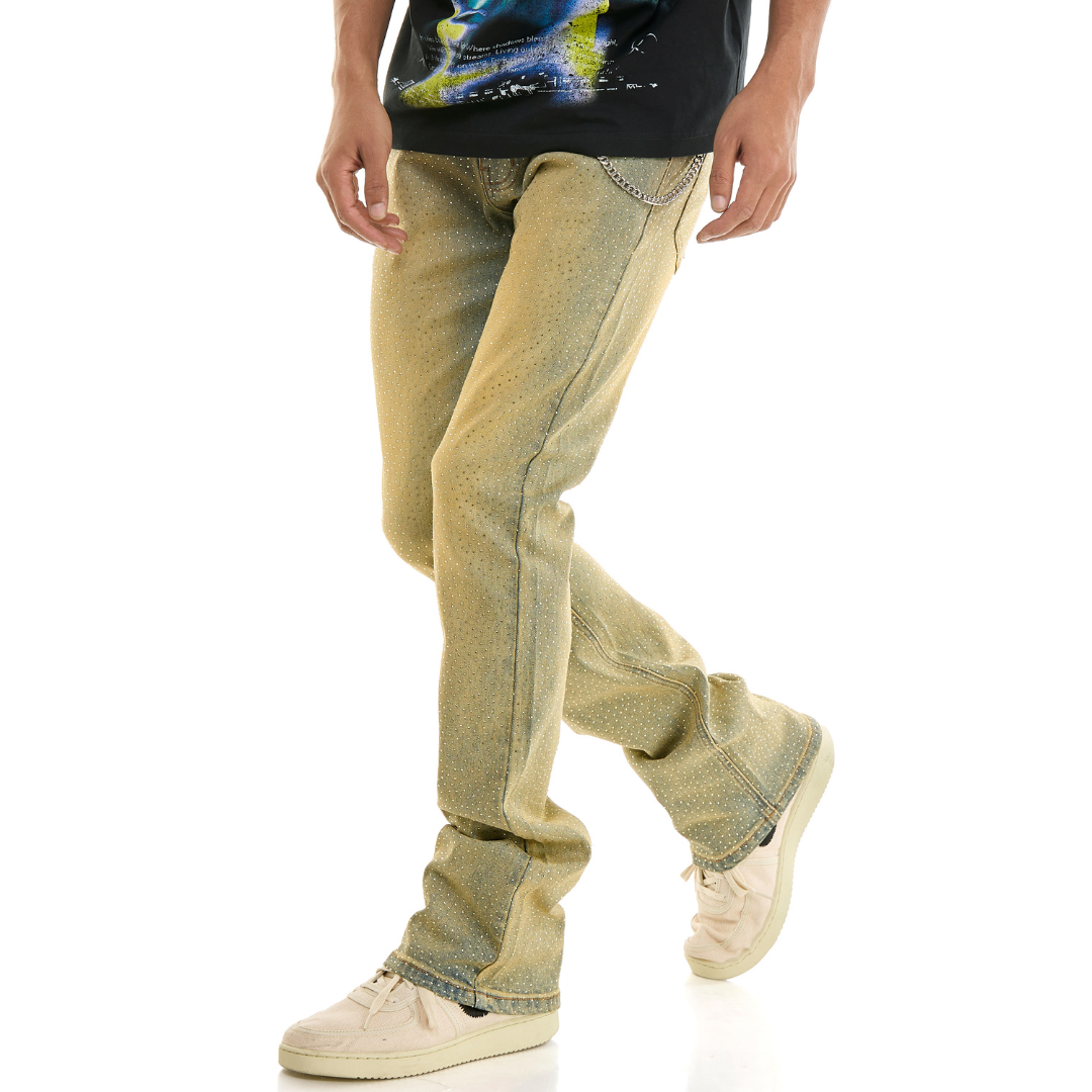 KDNK Skinny Flare Rhinestone Denim Jeans (Blue)(4806)