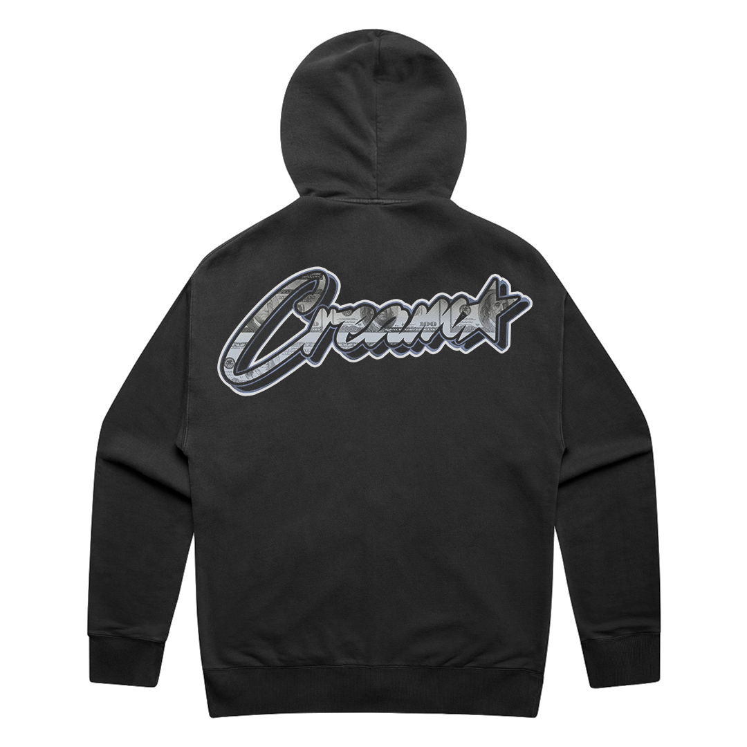 Cream Money Print Zip Up Hoodie (Washed Black)