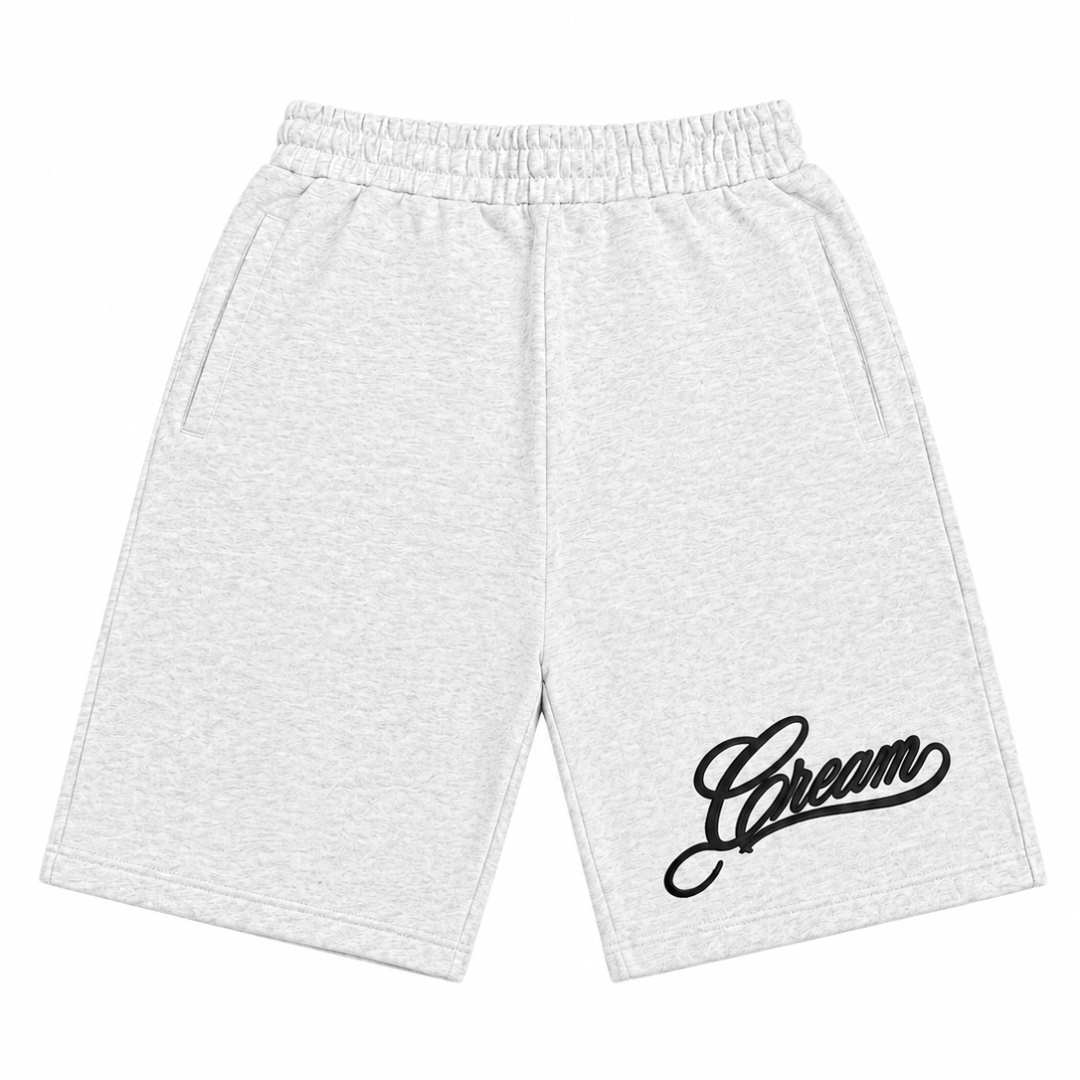 Cream Script Puff Print Shorts (Heather Grey)