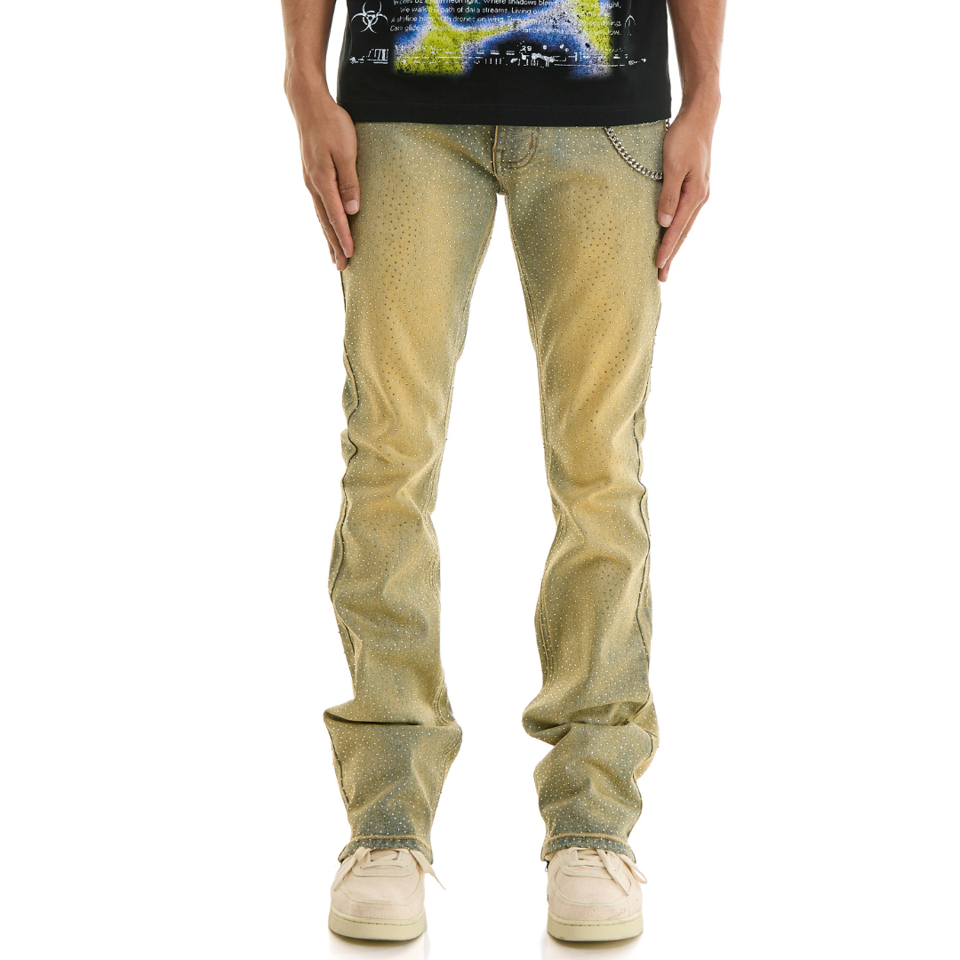 KDNK Skinny Flare Rhinestone Denim Jeans (Blue)(4806)