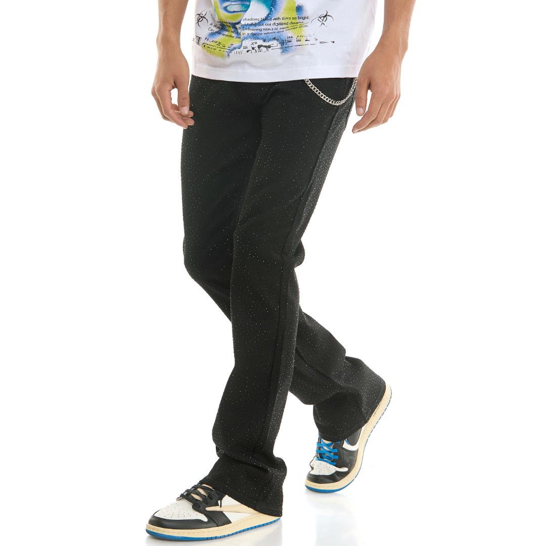 KDNK Skinny Flare Rhinestone Denim Jeans (Black)(3437)