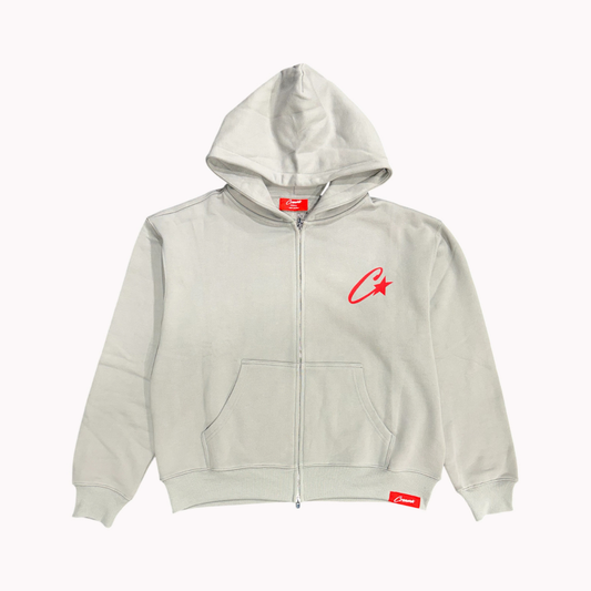 Cream Overlapping Logo Zip Up Hoodie (Grey)